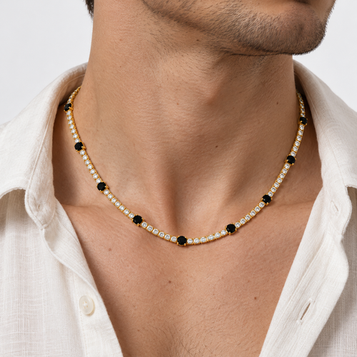 Greyford Amalfi Black Stone Station Necklace — worn by a model, close-up studio photograph