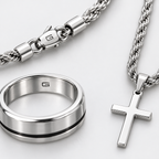 Greyford Siena Cross Necklace Bracelet and Ring Set — close-up of the piece and brand engraving