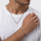 Greyford Siena Cross Necklace Bracelet and Ring Set — worn by a model, close-up studio photograph