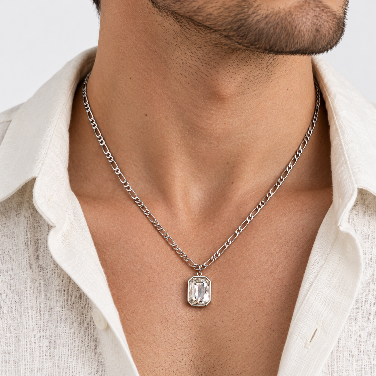 Greyford Paris Rectangular Stone Pendant Necklace — worn by a model, close-up studio photograph