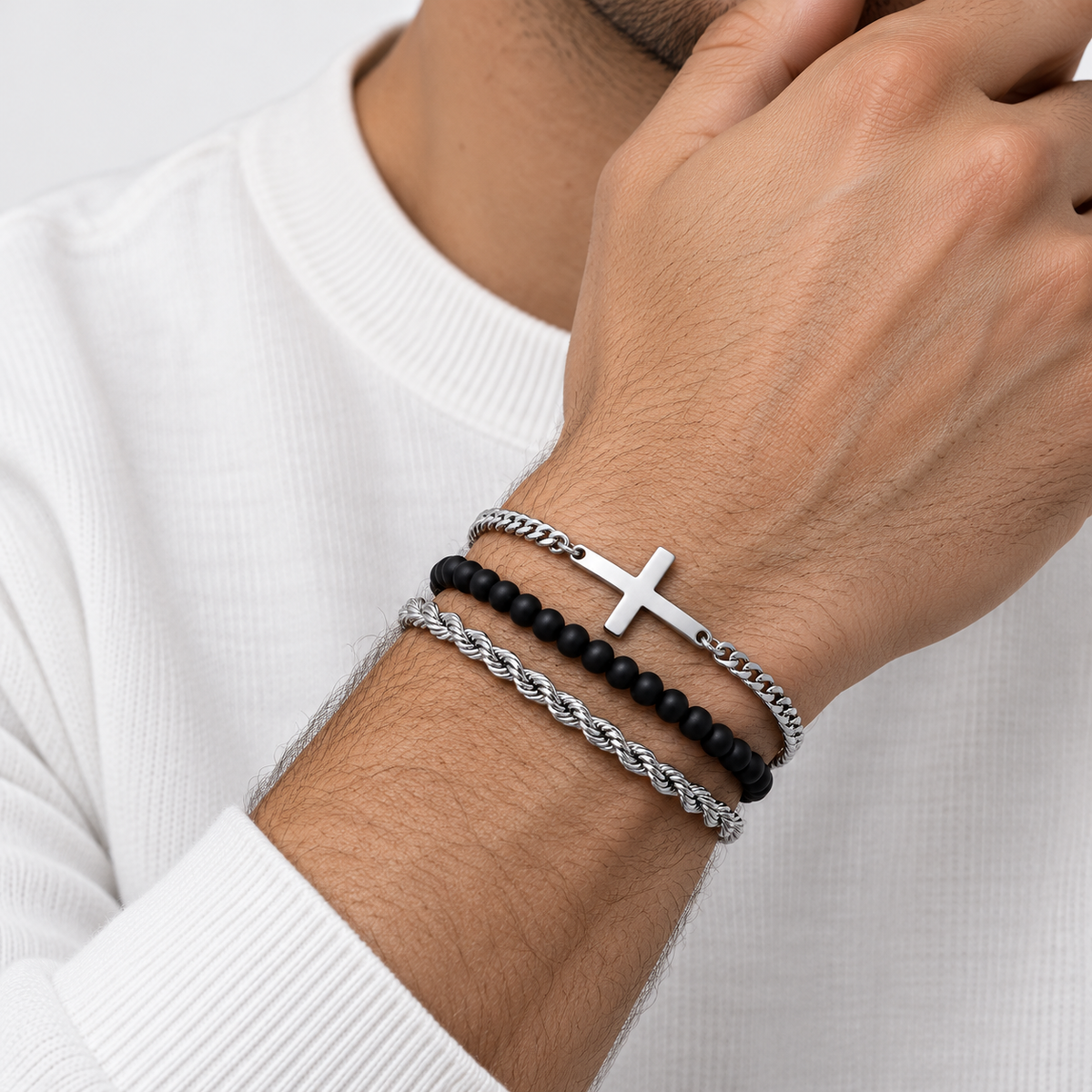 Greyford Lisboa Three Piece Bracelet Set — worn by a model, close-up studio photograph
