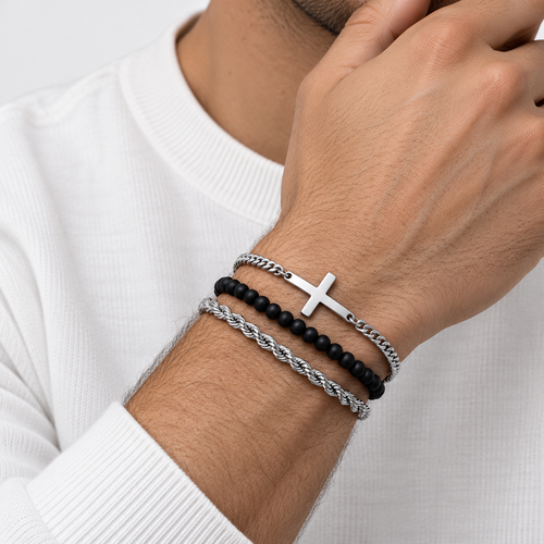 GREYFORD Cross Bracelet Stack Bundle | Silver — worn by a model, close-up studio photograph