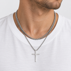Greyford Venezia Cross and Rope Chain Necklace Set — worn by a model, close-up studio photograph