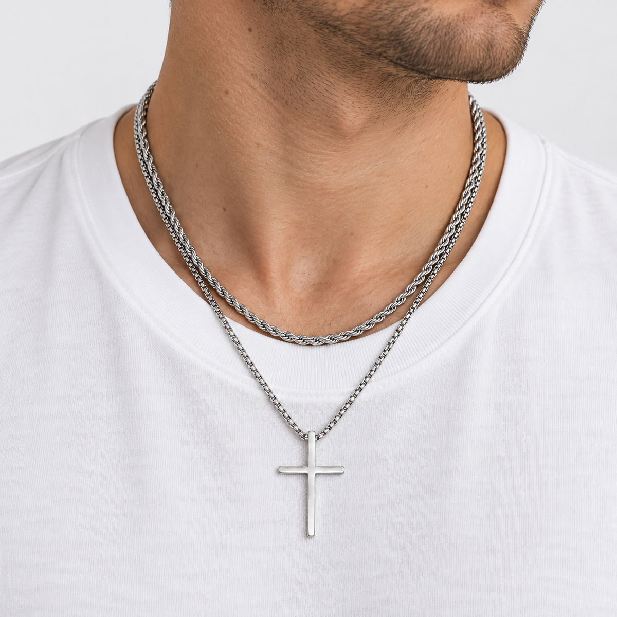 Greyford Venezia Cross and Rope Chain Necklace Set — worn by a model, close-up studio photograph