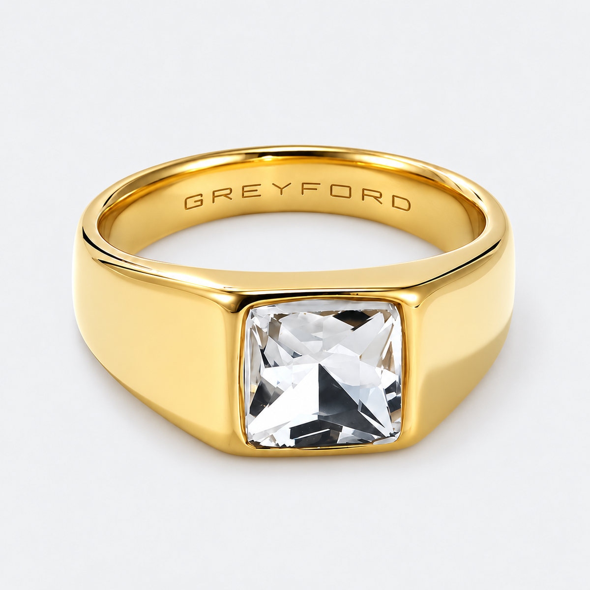 Greyford Monaco Square Stone Signet Ring — close-up of the piece and brand engraving