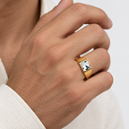 Greyford Monaco Square Stone Signet Ring — worn by a model, close-up studio photograph