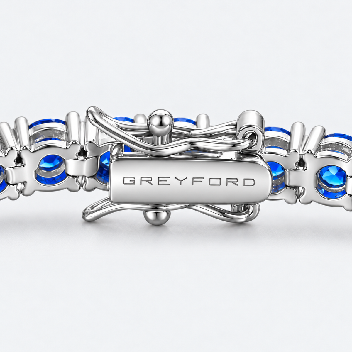 Greyford Riviera Blue Cubic Zirconia Tennis Bracelet — close-up of the piece and brand engraving