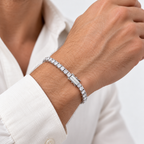 Greyford Zermatt Clear Moissanite Tennis Bracelet — worn by a model, close-up studio photograph
