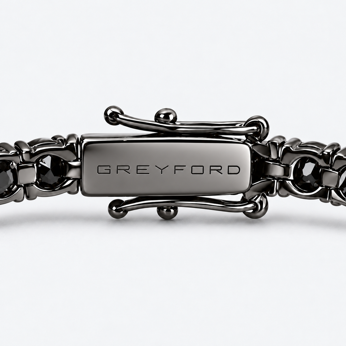 Greyford Reykjavik Black Moissanite Tennis Bracelet — close-up of the piece and brand engraving