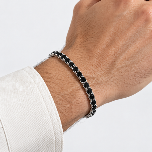 Greyford Biarritz 4 mm Tennis Bracelet — worn by a model, close-up studio photograph