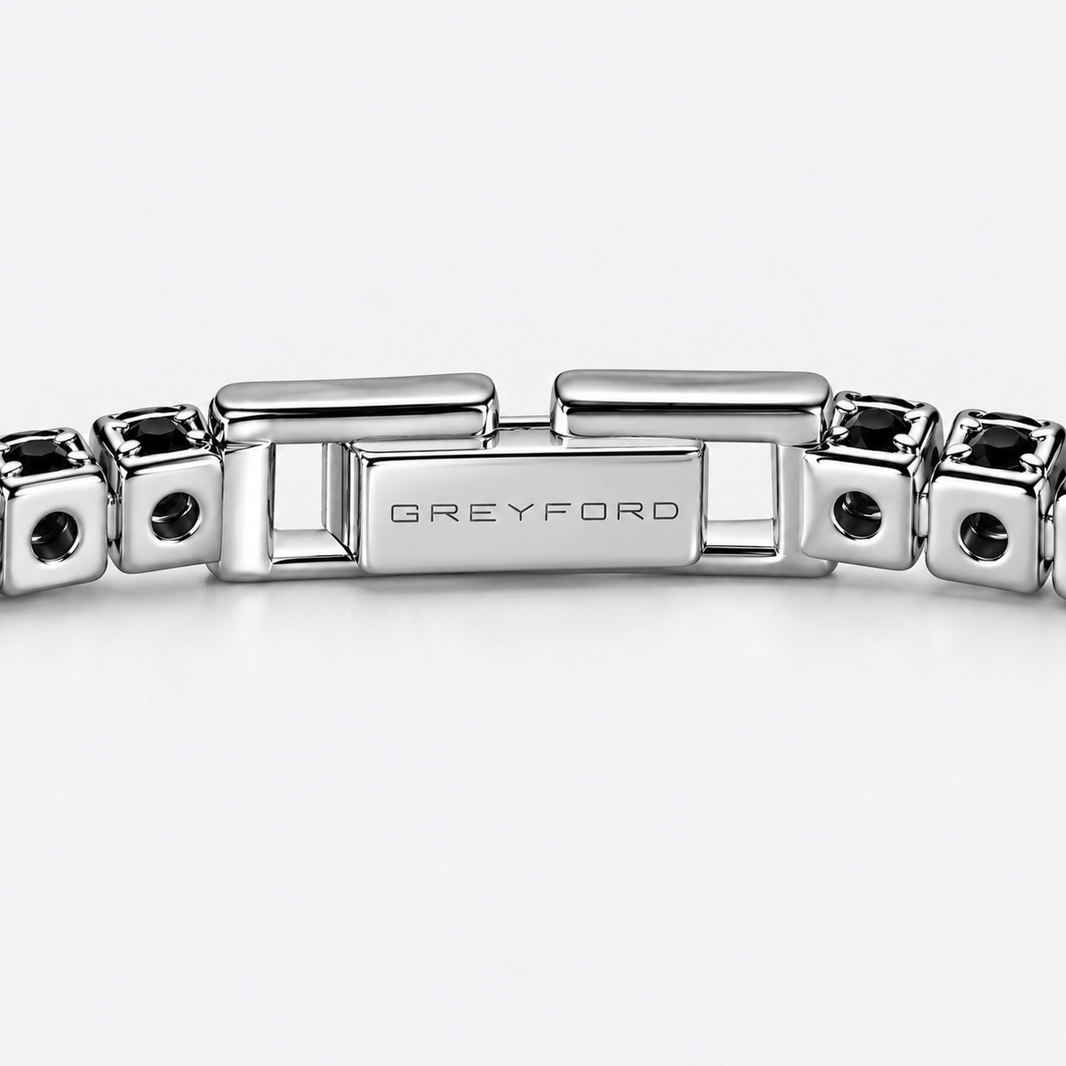 Greyford Deauville Black Stone Tennis Bracelet — close-up of the piece and brand engraving