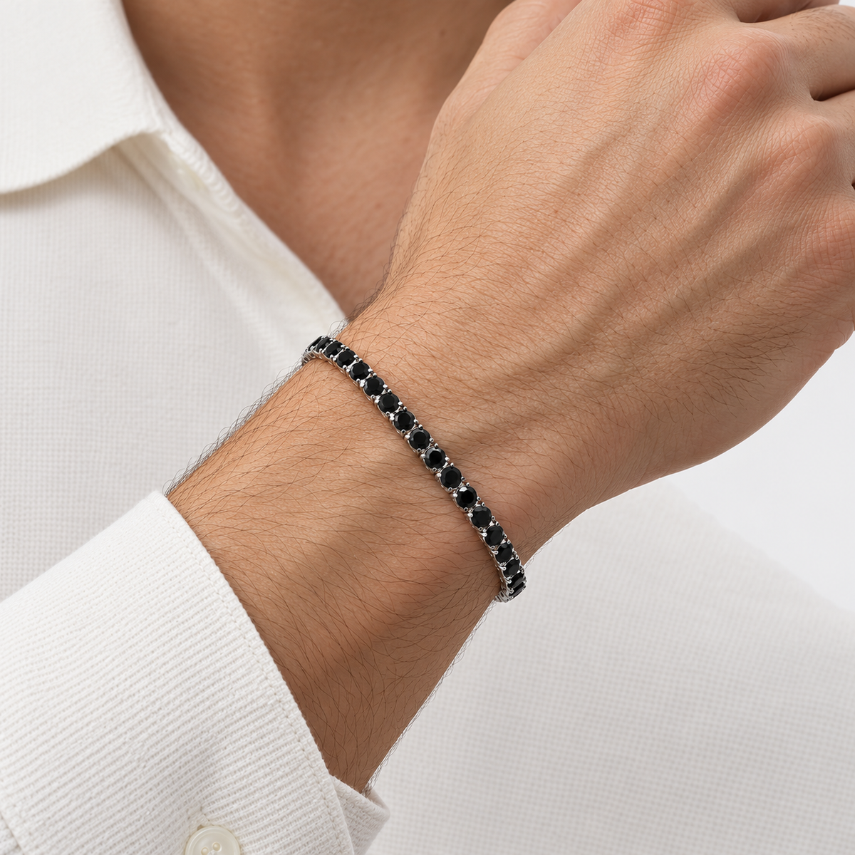 Greyford Deauville Black Stone Tennis Bracelet — worn by a model, close-up studio photograph