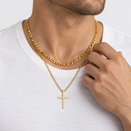 GREYFORD Minimal Cross x Figaro Chain Bundle — worn by a model, close-up studio photograph