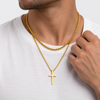 Greyford Madrid Cross and Wheat Chain Necklace Set — worn by a model, close-up studio photograph