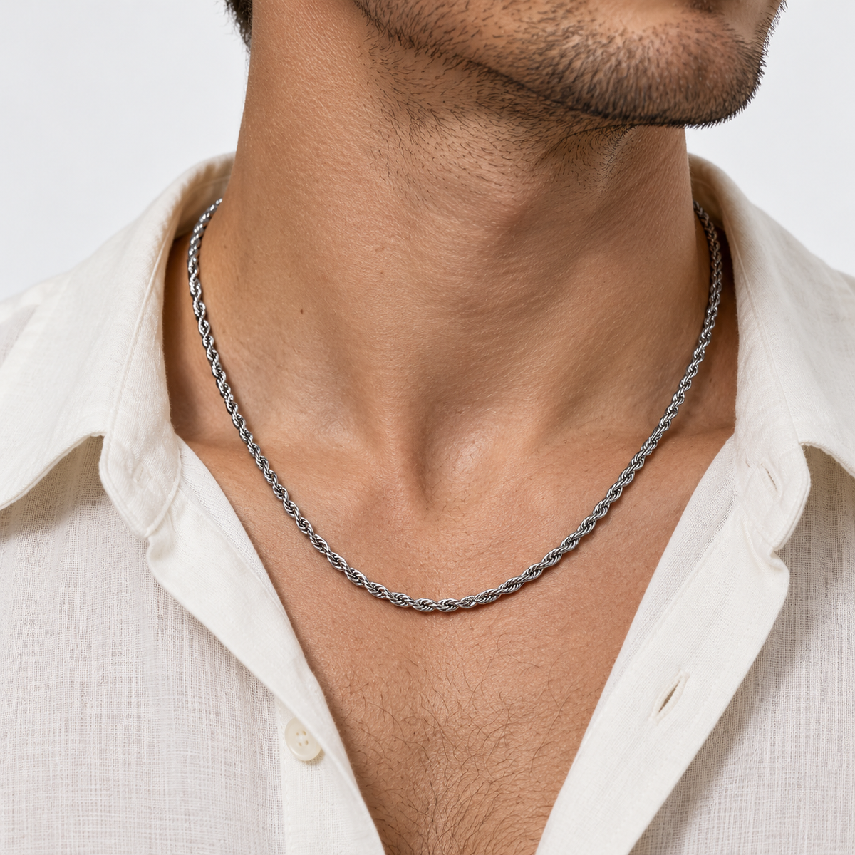 Greyford Porto Rope Chain Necklace — worn by a model, close-up studio photograph