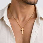GREYFORD Minimal Cross Necklace — worn by a model, close-up studio photograph