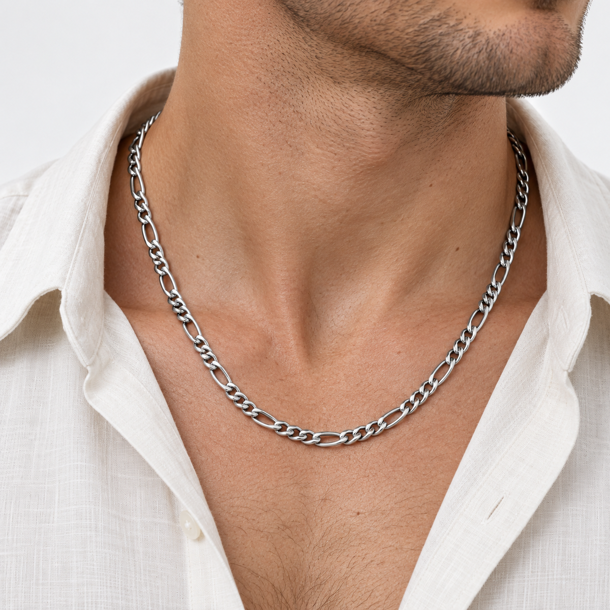 Greyford Athens Figaro Chain Necklace — worn by a model, close-up studio photograph