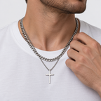 Greyford Valencia Cross and Curb Chain Necklace Set — worn by a model, close-up studio photograph