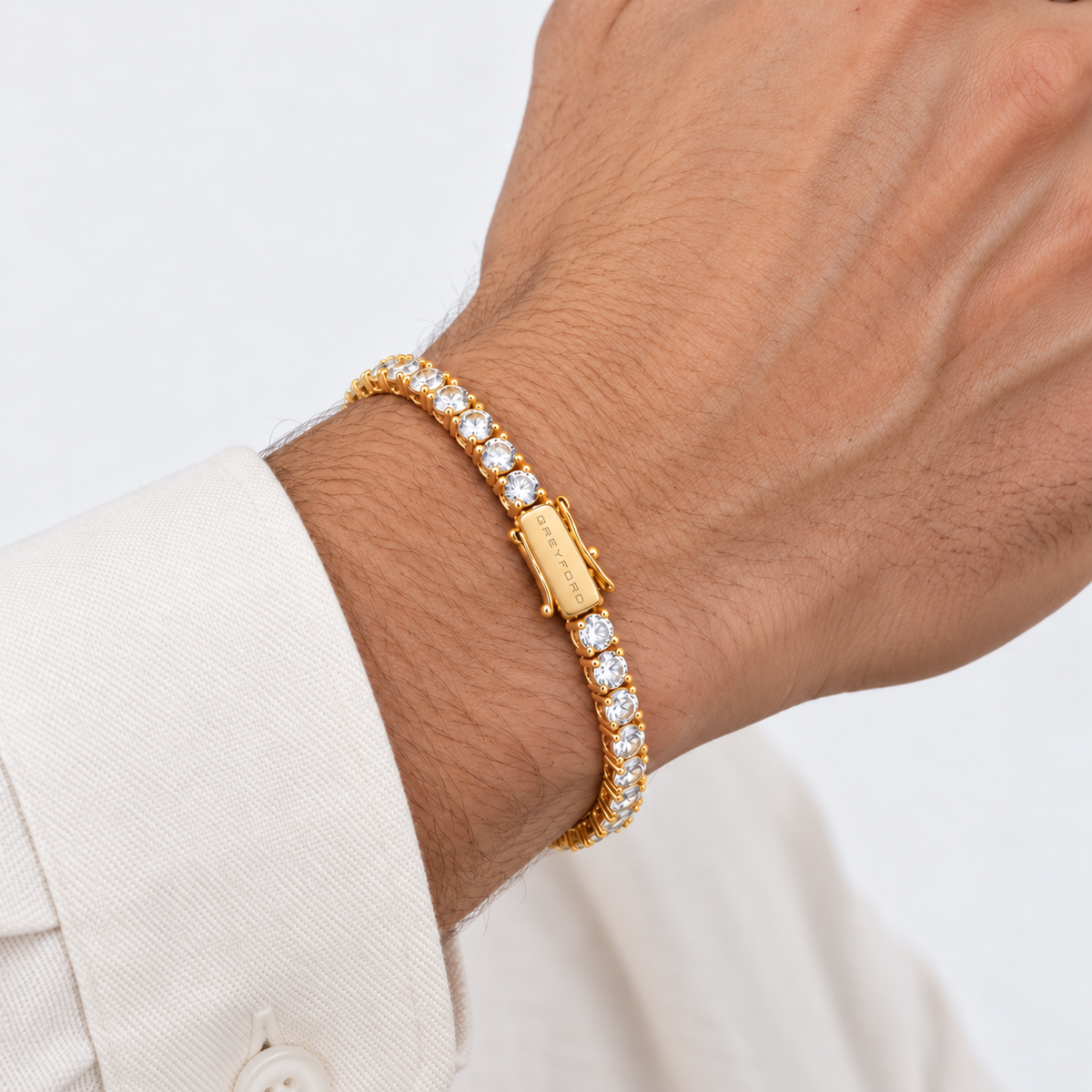 Greyford Lugano Zirconia Tennis Bracelet — worn by a model, close-up studio photograph
