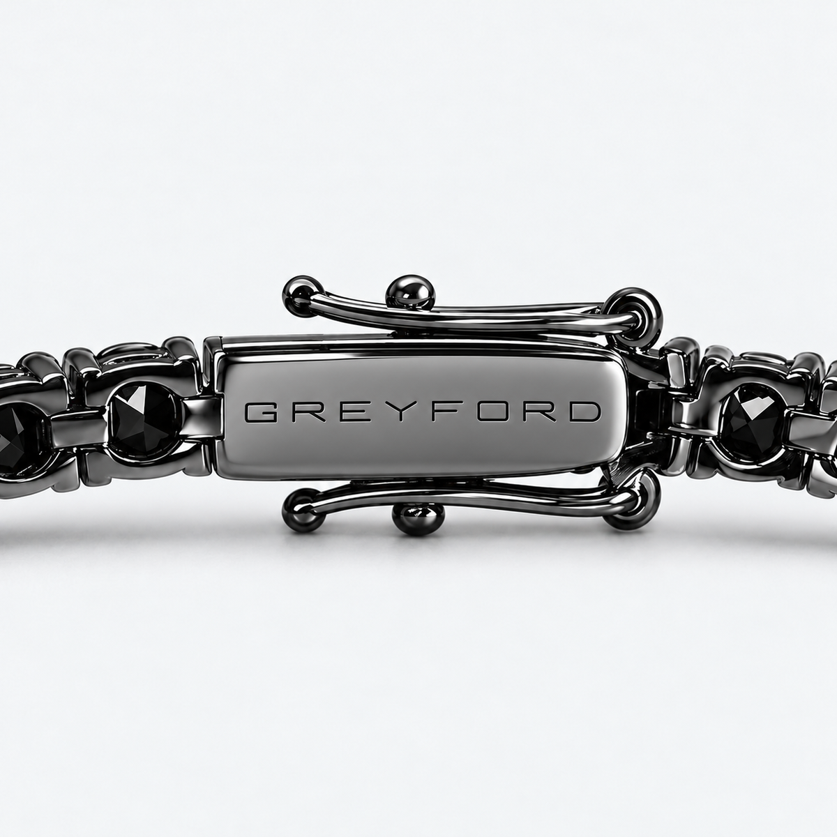 Greyford Stockholm Black Zirconia Tennis Bracelet — close-up of the piece and brand engraving