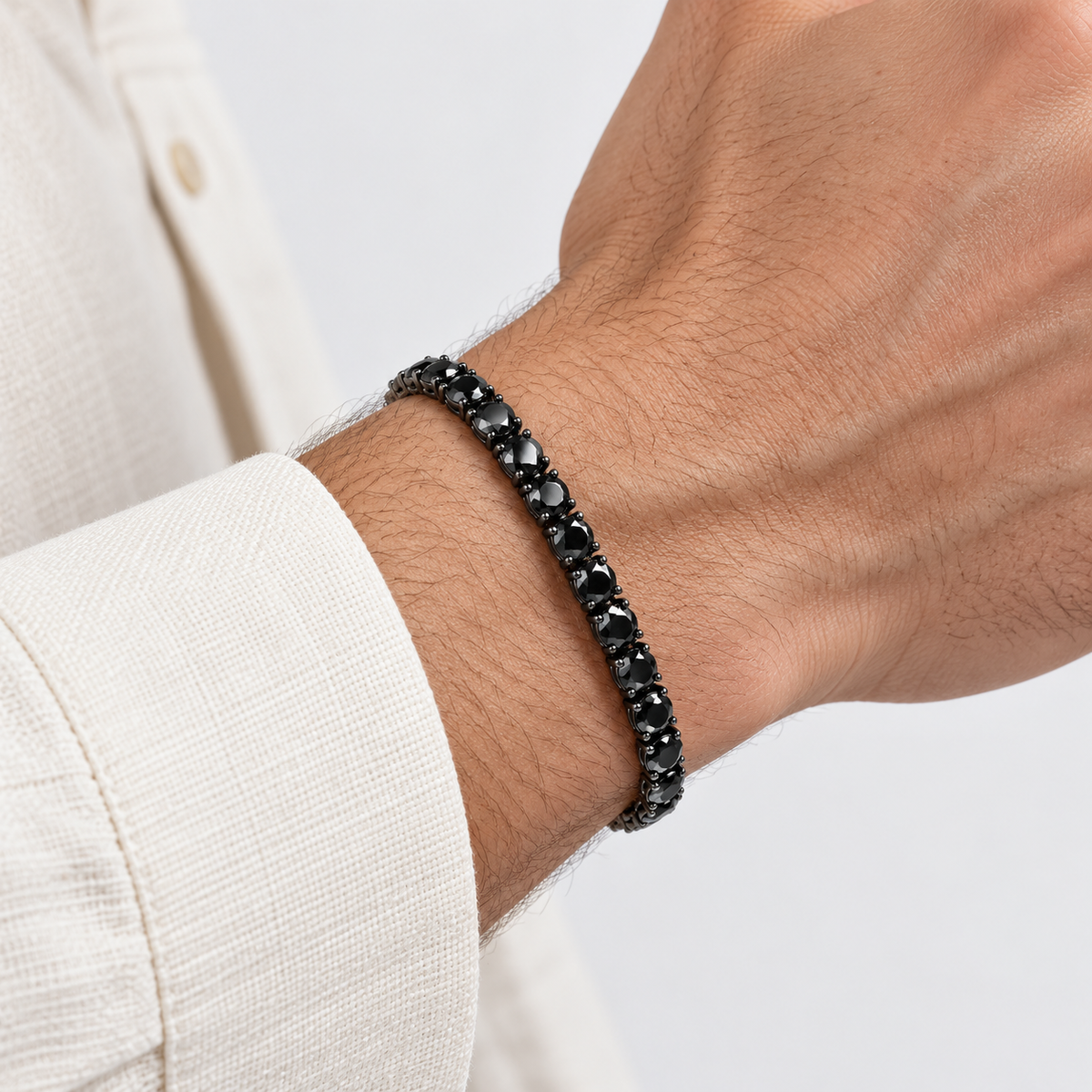 Greyford Stockholm Black Zirconia Tennis Bracelet — worn by a model, close-up studio photograph