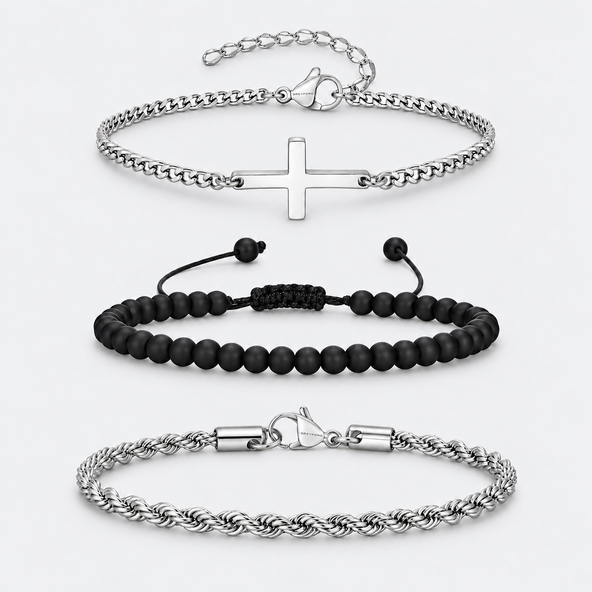 GREYFORD Cross Bracelet Stack Bundle | Silver — studio product photograph
