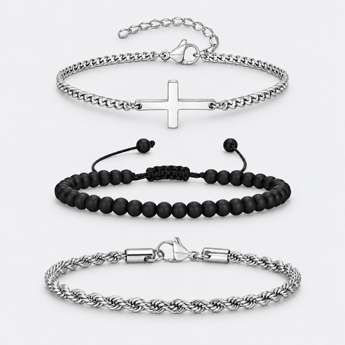 GREYFORD Cross Bracelet Stack Bundle | Silver — studio product photograph