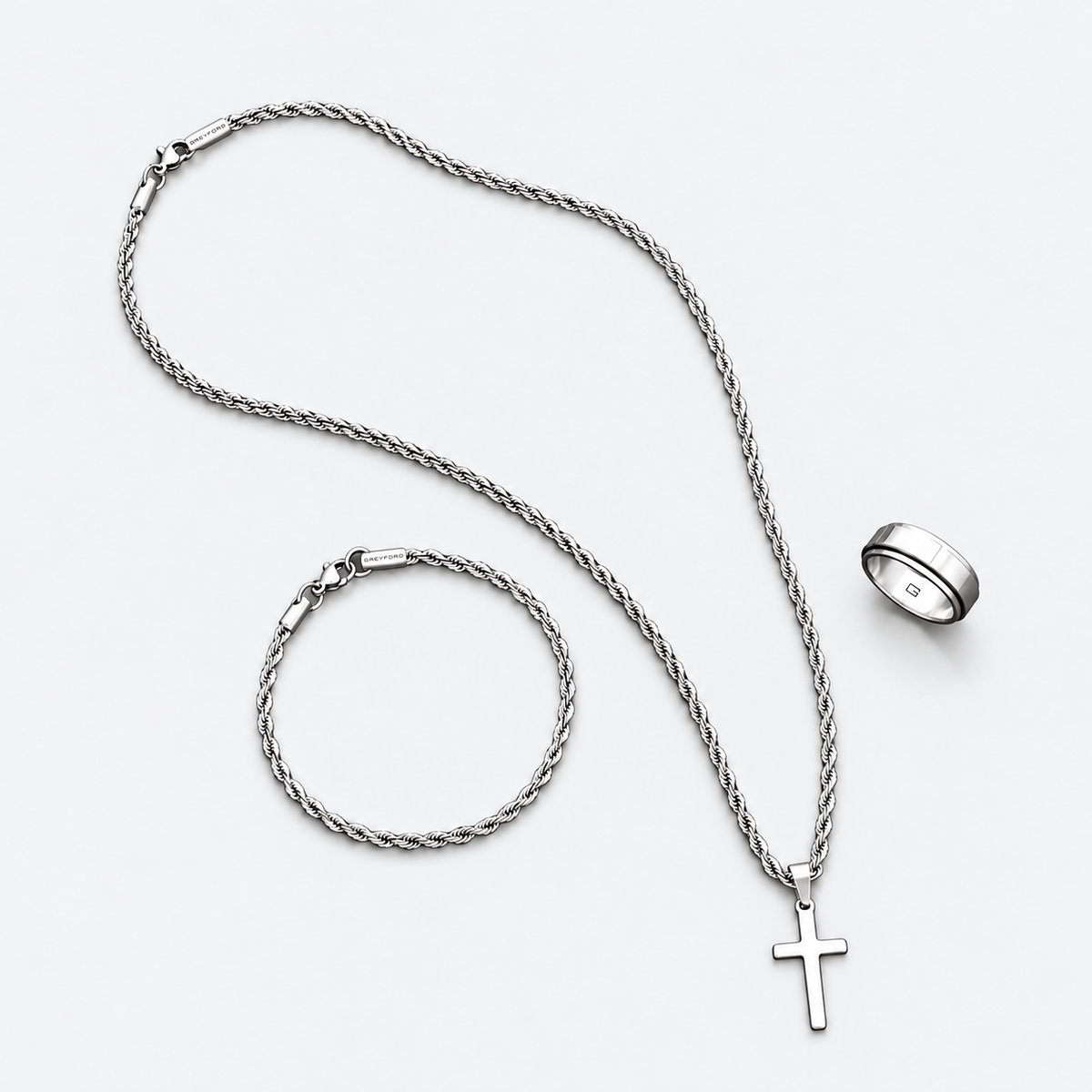 Greyford Siena Cross Necklace Bracelet and Ring Set — studio product photograph